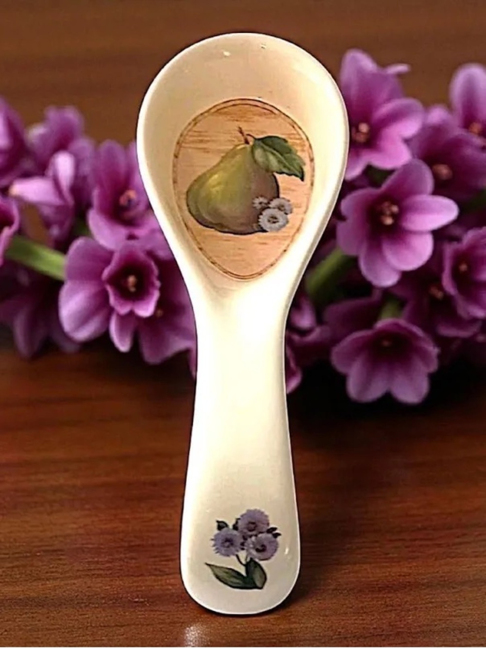 Pamela Gladding Cream Ceramic Spoon Rest with Pear and Floral Motif